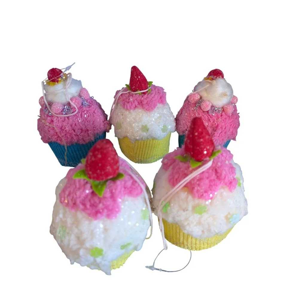 Set‎ of 8 Faux Cupcake Christmas Ornaments Pink Blue Yellow Dessert Decor